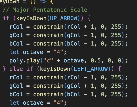 This is the code showing the arrow keys and how they change the color slightly and play a note.