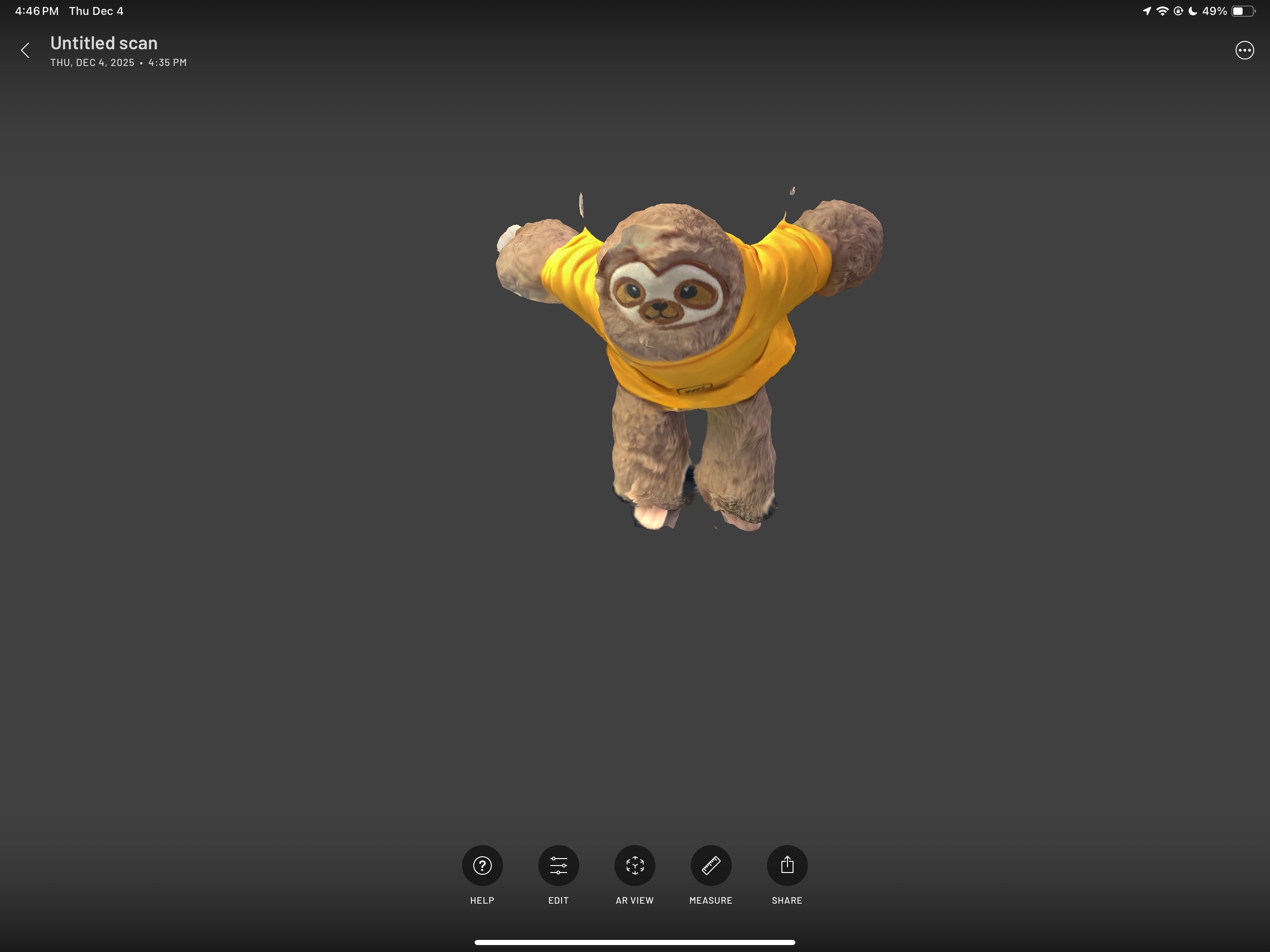 This is the front facing view of my sloth plushie.