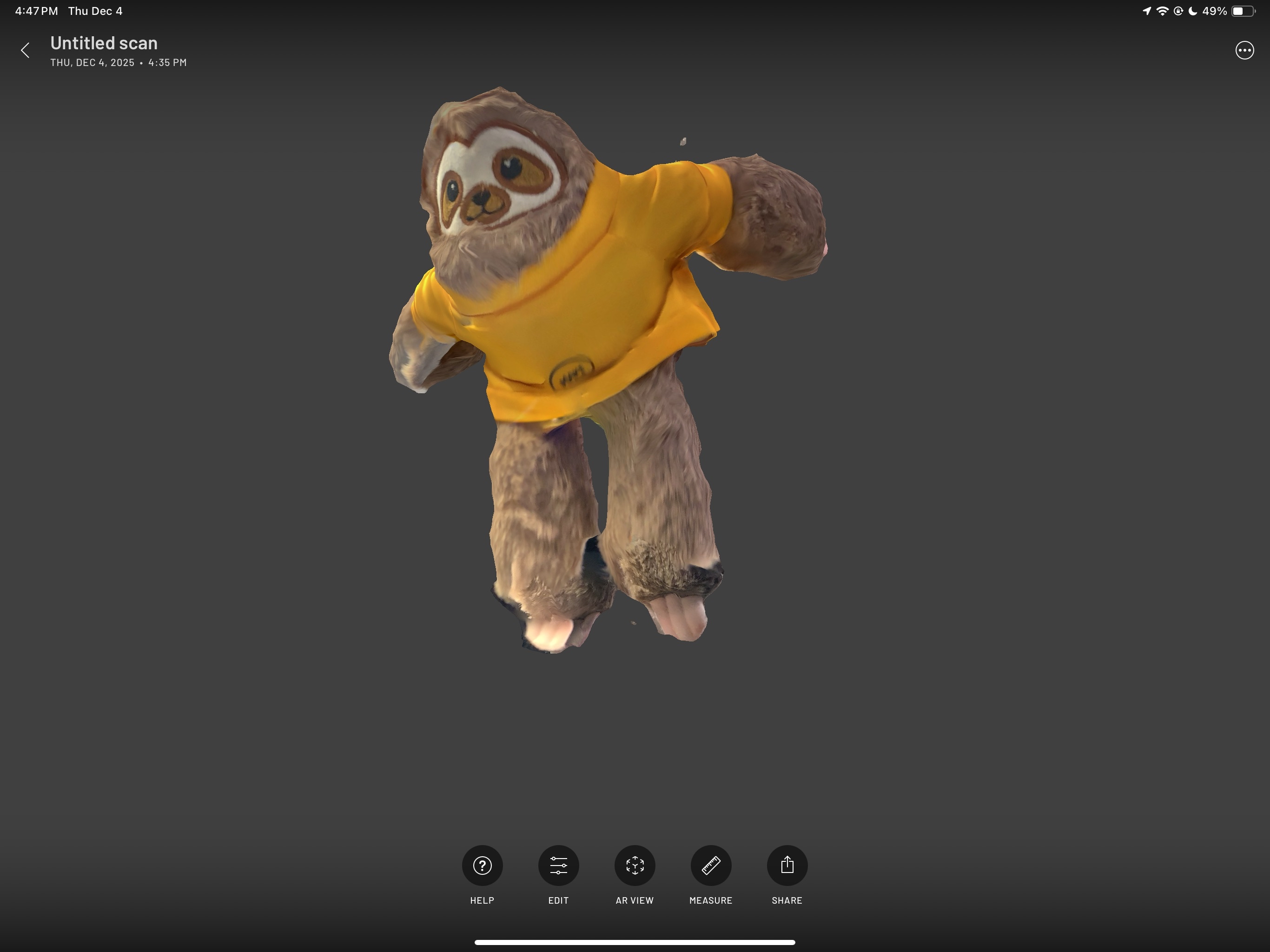 This is a front/bottom view of my sloth plushie.