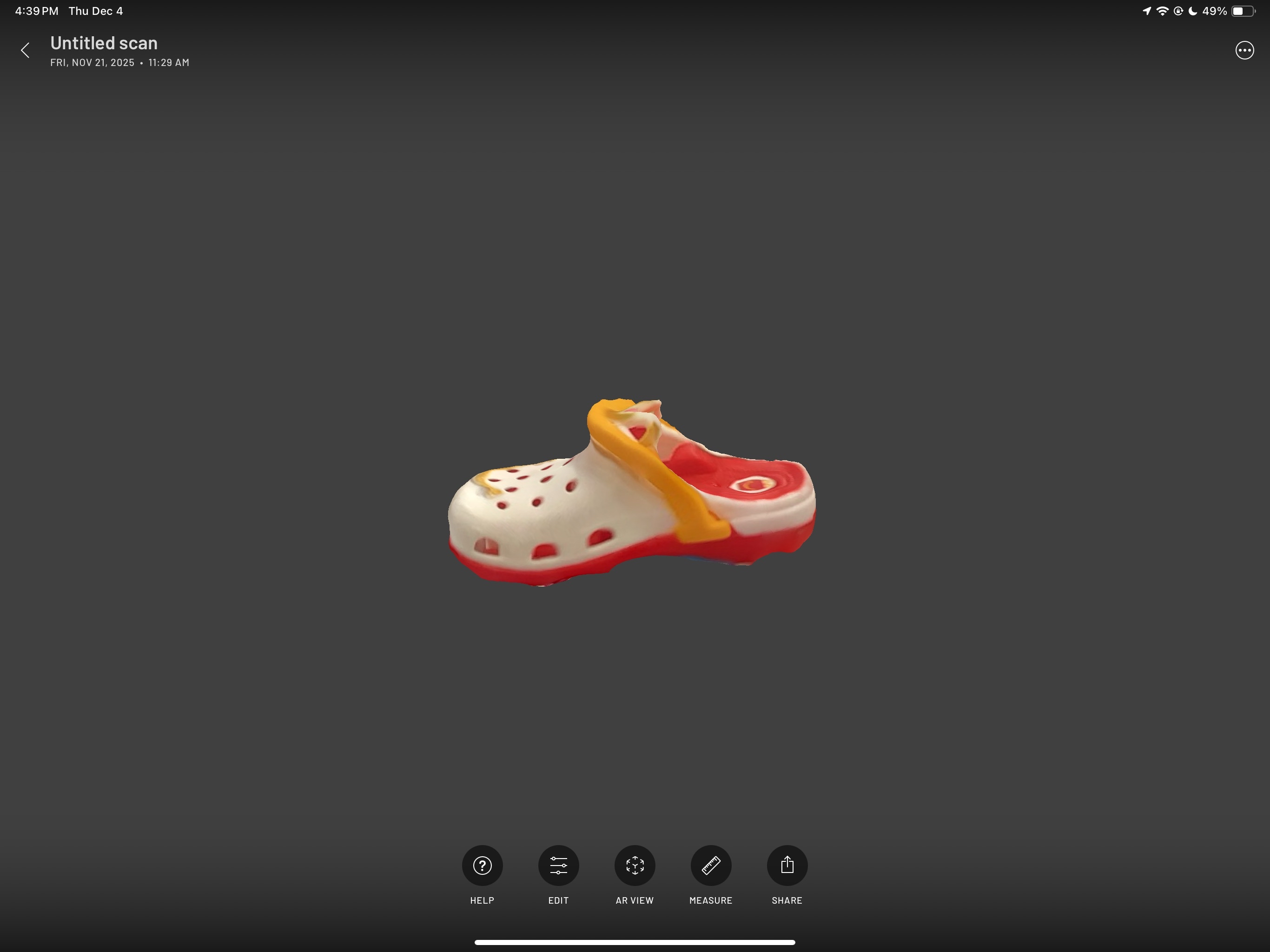 Third attempt at scanning my McDonalds Croc. It went a lot better this time around, and this is the side view of it.